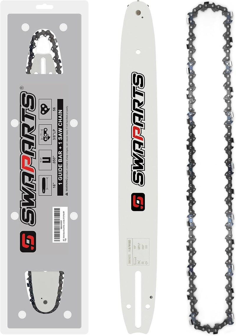 SWAPARTS 16 Inch Chainsaw Bar and Chain Combo, 3/8" LP Pitch, 050" Gauge, 56 Drive Links for Greenworks 2904302, Craftsman, Poulan, Ryobi, Echo, Makita E-00103, Homelite, Husqvarna, Remington - Image 1